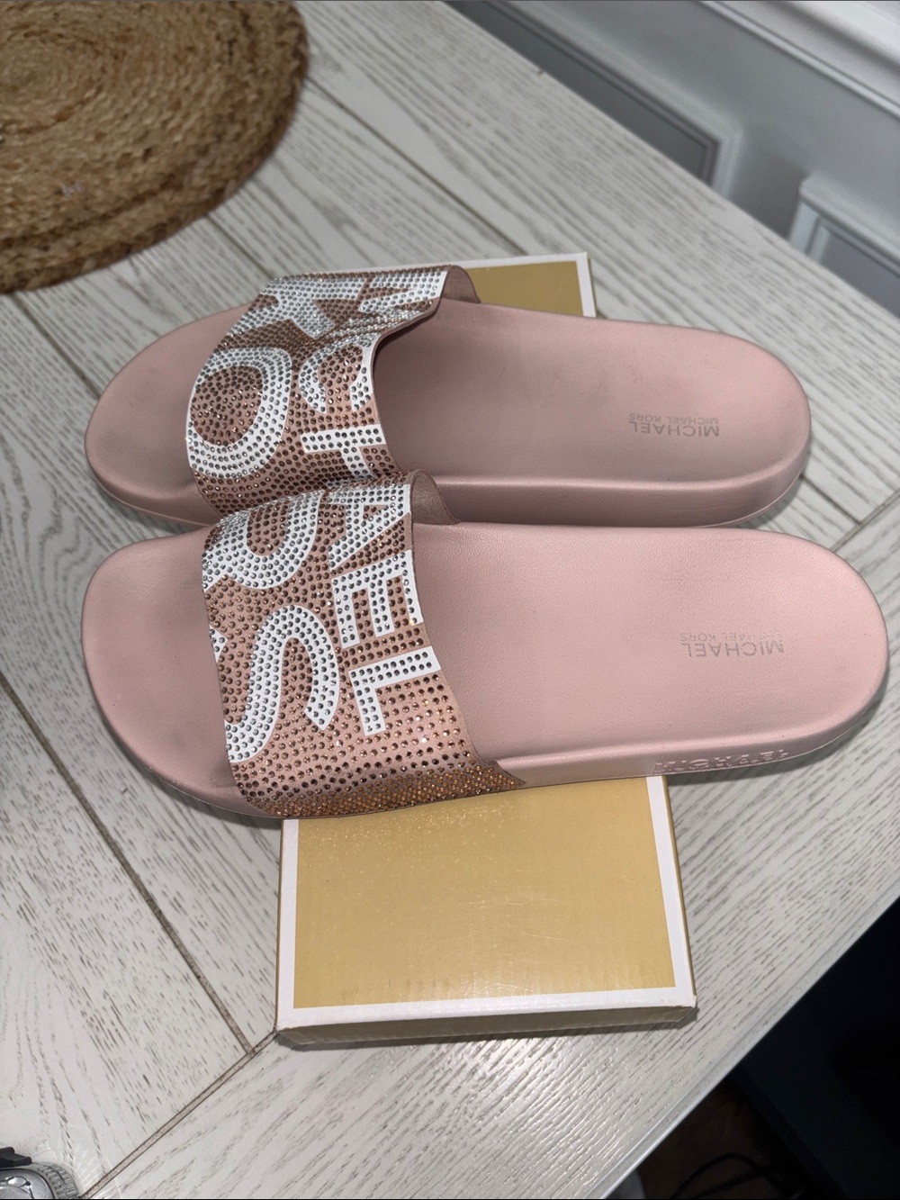 Michael Kors Gilmore Pink Logo Crystal Slide Sandals